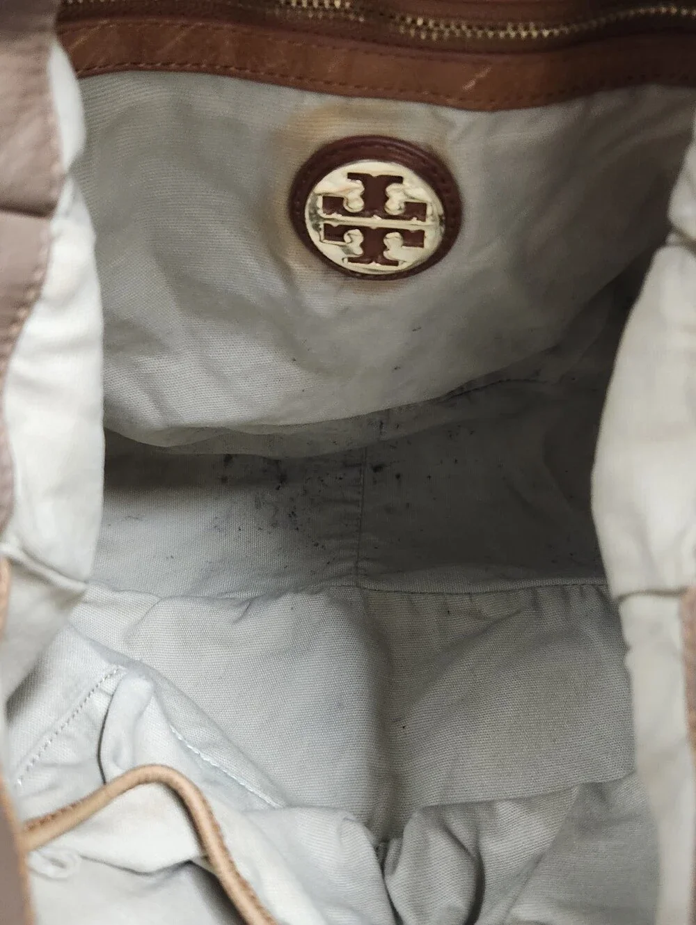 Tory Burch Taupe Brown Leather Shoulder Bag with Gold Logo